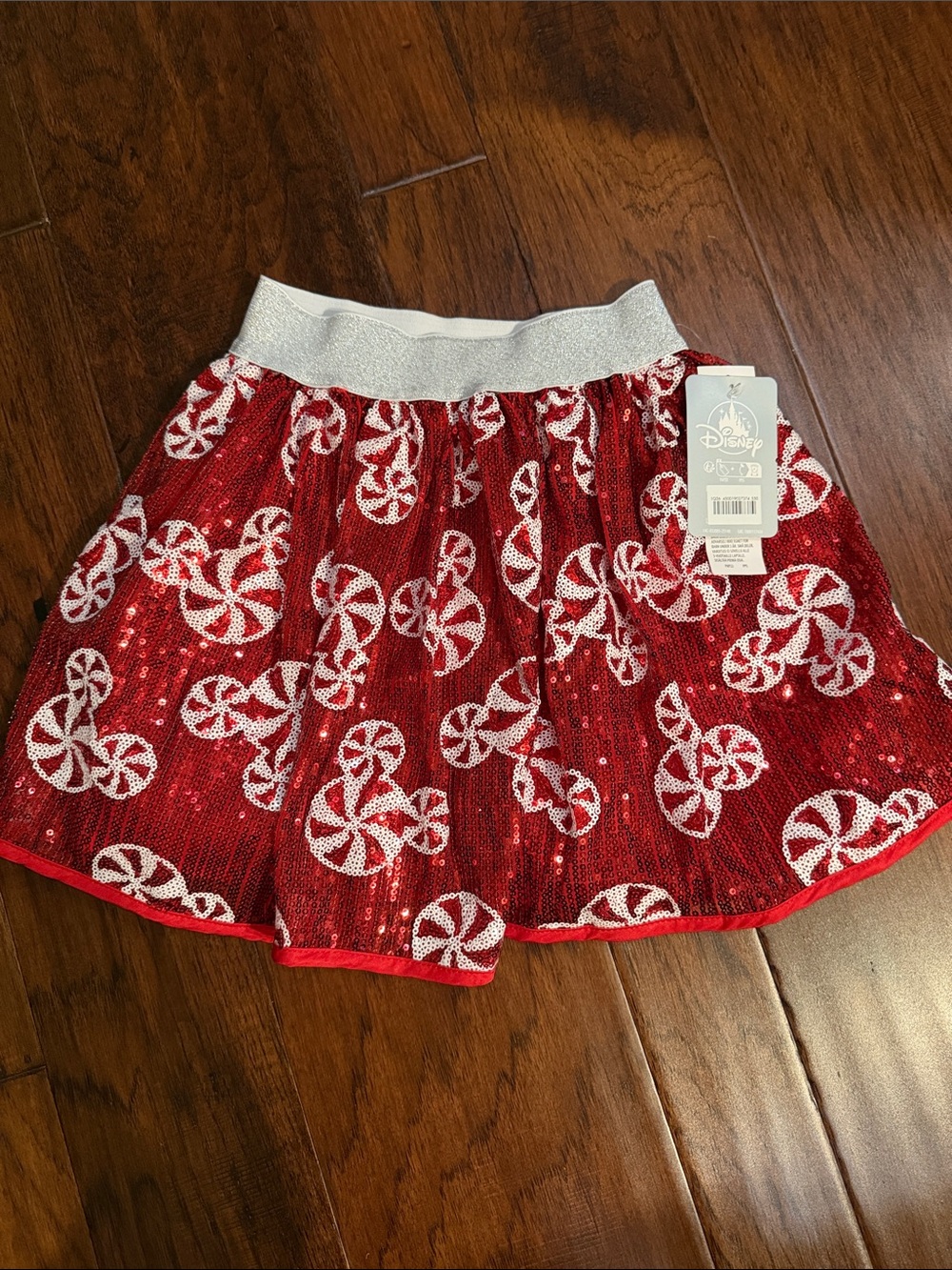 Disney Red Sequin Peppermint Print Skater Skirt with Silver Waistband